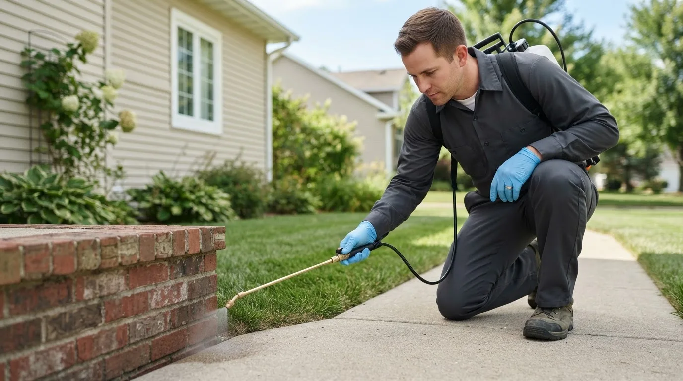 Pest control technician treating a home near Ringold, OK